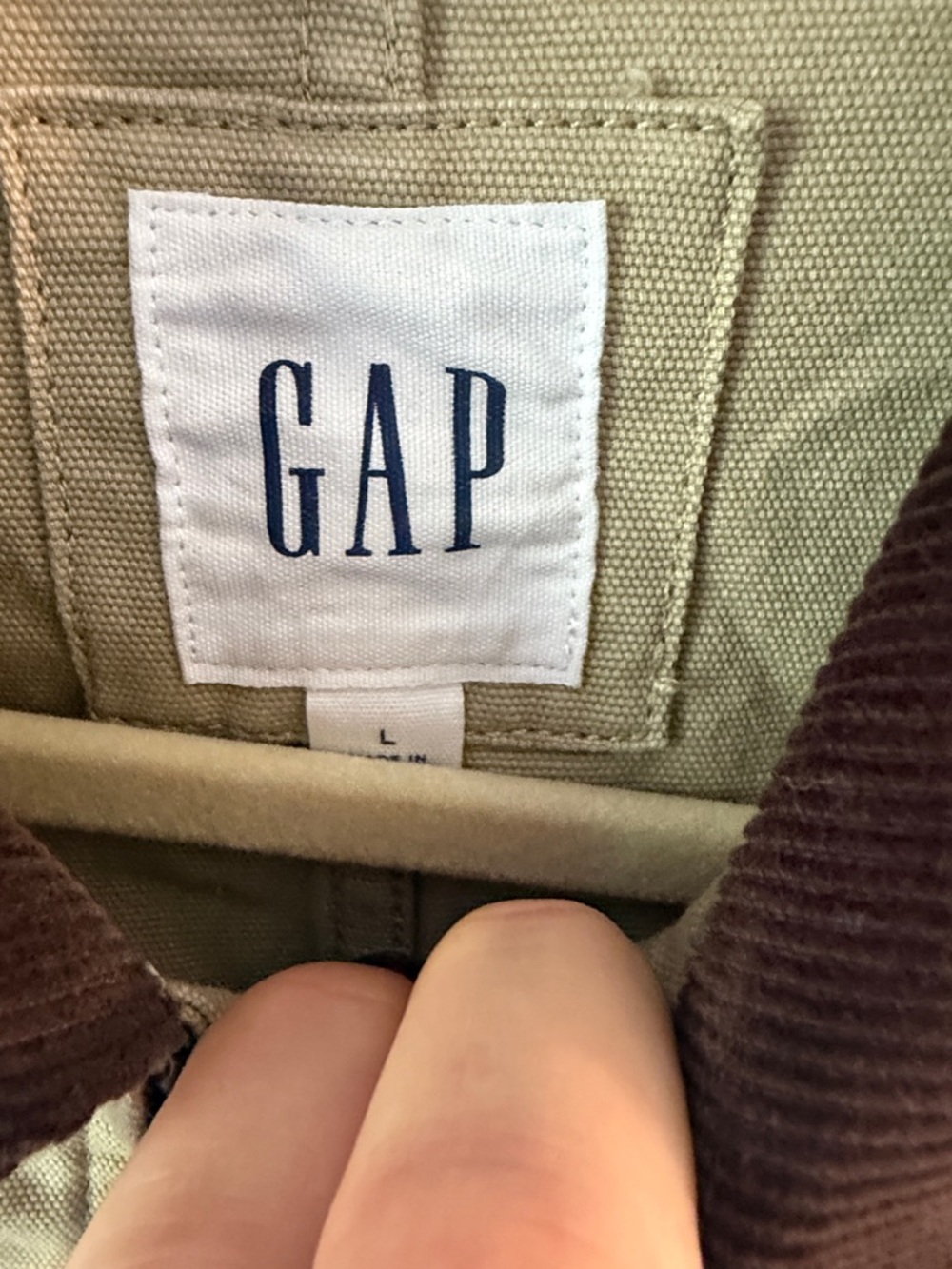 GAP Men's Khaki Barn Jacket with Dark Brown Corduroy Collar - Picture 2 of 7